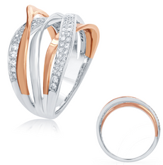 .38CT DIAMOND 14KT WHITE & ROSE GOLD MULTI ROW CRISS CROSS DOUBLE SWIRL FUN RING
