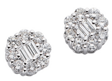 .50CT DIAMOND 14KT WHITE GOLD 3D ROUND & BAGUETTE CLUSTER FLOWER STUD EARRINGS