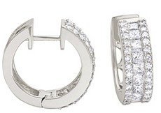 1.75CT DIAMOND 14KT WHITE GOLD 3D ROUND & PRINCESS CLASSIC 3 ROW HUGGIE EARRINGS