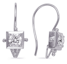1.0CT DIAMOND 14K WHITE GOLD SQUARE FILIGREE MILGRAIN LEVERBACK HANGING EARRINGS
