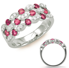 WIDE 1CT DIAMOND & AAA RUBY 14KT WHITE GOLD 3D ROUND THREE ROW ANNIVERSARY RING