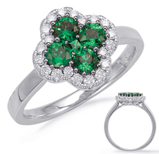 .87CT DIAMOND & AAA EMERALD 14KT WHITE GOLD ROUND 4 LEAF CLOVER FLOWER LOVE RING