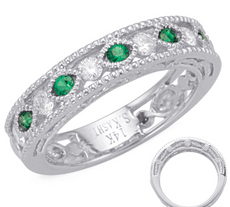 .58CT DIAMOND & AAA EMERALD 14KT WHITE GOLD 3D ROUND FILIGREE SEMI ETERNITY RING