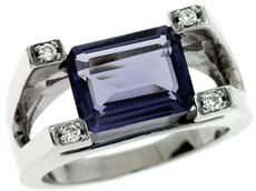 2.82CT DIAMOND & AAA IOLITE 14KT WHITE GOLD 3D EMERALD CUT & ROUND FUN MENS RING