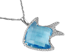 1.2CT DIAMOND & AAA BLUE TOPAZ 14KT WHITE GOLD HAPPY LUCKY FISH FLOATING PENDANT
