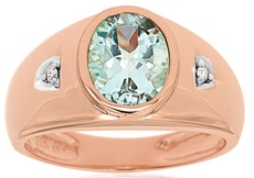 2.04CT DIAMOND & AAA AQUAMARINE 14KT ROSE GOLD 3D OVAL & ROUND BEZEL MENS RING