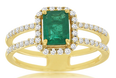 1.3CT DIAMOND & AAA EMERALD 14KT YELLOW GOLD 3D BAGUETTE & ROUND ENGAGEMENT RING