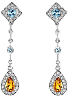 1.62CT DIAMOND & CITRINE & BLUE TOPAZ 14KT WHITE GOLD TEAR DROP HANGING EARRINGS
