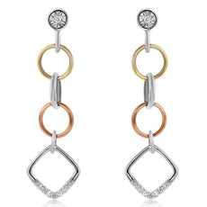 .09CT DIAMOND 14KT TRI COLOR GOLD SOLITAIRE MULTI LINK SQUARE HANGING EARRINGS