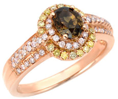 1.11CT PINK MOCHA & FANCY YELLOW DIAMOND 18K ROSE GOLD OVAL HALO ENGAGEMENT RING