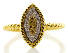 .14CT WHITE & FANCY YELLOW DIAMOND 18K 2 TONE GOLD MARQUISE SHAPE ROPE PAVE RING