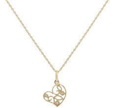ESTATE .02CT ROUND DIAMOND 14KT YELLOW GOLD 3D OPEN HEART FILIGREE LOVE PENDANT
