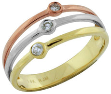 ESTATE .11CT DIAMOND 14KT TRI COLOR GOLD CLASSIC ROUND 3 STONE ETOILE FUN RING