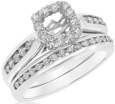 .57CT DIAMOND 14K WHITE GOLD ROUND SQUARE SEMI MOUNT ENGAGEMENT WEDDING RING SET