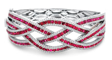 WIDE 10.71CT DIAMOND & AAA RUBY 14KT WHITE GOLD CRISS CROSS LOVE BANGLE BRACELET