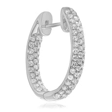 1.22CT DIAMOND 14KT WHITE GOLD THREE ROW INSIDE OUT HOOP HUGGIE HANGING EARRINGS