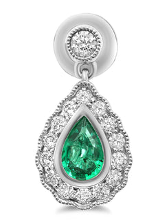 1.2CT DIAMOND & AAA EMERALD 18K WHITE GOLD PEAR SHAPE TEAR DROP HANGING EARRINGS