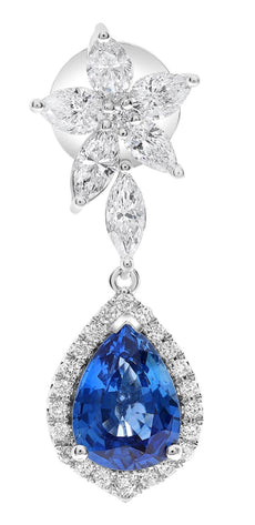 LARGE 5.61CT DIAMOND & AAA SAPPHIRE 18KT WHITE GOLD PEAR SHAPE HANGING EARRINGS