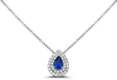 .81CT DIAMOND & AAA SAPPHIRE 18K WHITE GOLD PEAR SHAPE & ROUND HALO LOVE PENDANT