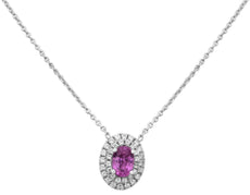 .91CT DIAMOND & AAA PINK SAPPHIRE 18KT WHITE GOLD 3D OVAL DOUBLE HALO NECKLACE