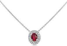 .63CT DIAMOND & AAA RUBY 18KT WHITE GOLD OVAL & ROUND DOUBLE HALO LOVE NECKLACE