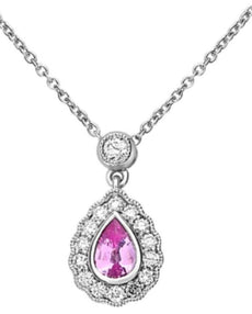 .72CT DIAMOND & AAA PINK SAPPHIRE 18KT WHITE GOLD 3D PEAR SHAPE FLOWER NECKLACE
