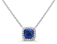 1.30CT DIAMOND & AAA SAPPHIRE 14KT WHITE GOLD CUSHION & ROUND HALO LOVE NECKLACE
