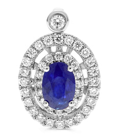 .86CT DIAMOND & AAA SAPPHIRE 18KT GOLD OVAL & ROUND DOUBLE HALO FLOWER PENDANT