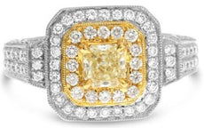 1.41CT CANARY & WHITE DIAMOND 18K WHITE GOLD CUSHION DOUBLE HALO ENGAGEMENT RING