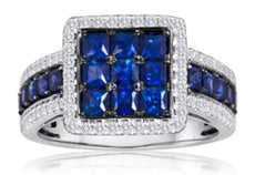 2.27CT DIAMOND & AAA SAPPHIRE 14K WHITE & BLACK GOLD 3D ROUND & SQUARE HALO RING