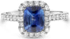 1.99CT DIAMOND &AAA SAPPHIRE 18K WHITE GOLD CUSHION & ROUND HALO ENGAGEMENT RING