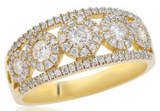 WIDE .96CT DIAMOND 14KT YELLOW GOLD 3D MULTI FLOWER CLASSIC ANNIVERSARY RING