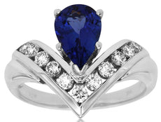 2.0CT DIAMOND & AAA TANZANITE 14K WHITE GOLD PEAR SHAPE & ROUND V SHAPE FUN RING