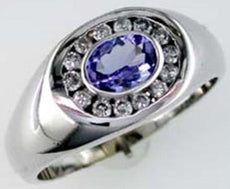 1.15CT DIAMOND & AAA TANZANITE 14KT WHITE GOLD 3D OVAL & ROUND CLASSIC MENS RING