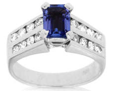 WIDE 1.7CT DIAMOND & AAA TANZANITE 14K WHITE GOLD 3D EMERALD CUT ENGAGEMENT RING