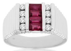 1.19CT DIAMOND & AAA RUBY 14K WHITE GOLD EMERALD CUT & ROUND MULTI ROW MENS RING