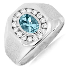 1.12CT DIAMOND & AAA AQUAMARINE 14KT WHITE GOLD 3D OVAL & ROUND BEZEL MENS RING