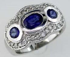 2.08CT DIAMOND & AAA SAPPHIRE 14K WHITE GOLD OVAL & ROUND BEZEL ANNIVERSARY RING