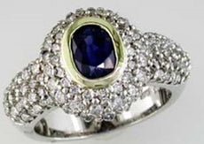 2.5CT DIAMOND & AAA SAPPHIRE 14KT 2 TONE GOLD OVAL & ROUND BEZEL ENGAGEMENT RING