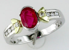 1.03CT DIAMOND AAA RUBY 14KT 2 TONE GOLD OVAL & ROUND SEMI BEZEL ENGAGEMENT RING