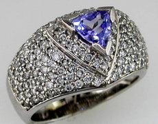 WIDE 2.05CT DIAMOND & AAA TANZANITE 14KT WHITE GOLD 3D TRILLION & ROUND FUN RING