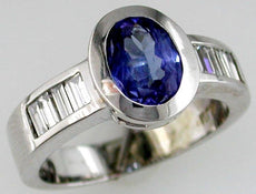 1.72CT DIAMOND & AAA TANZANITE 14KT WHITE GOLD OVAL & BAGUETTE ENGAGEMENT RING