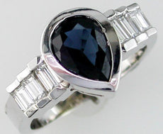 .67CT DIAMOND & AAA SAPPHIRE 14KT WHITE GOLD 3D PEAR & BAGUETTE ENGAGEMENT RING