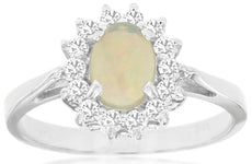 0.80CT DIAMOND & AAA OPAL 14K WHITE GOLD 3D OVAL & ROUND CLASSIC FLOWER LOVE RING