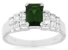 1.33CT DIAMOND & GREEN GARNET 14K WHITE GOLD EMERALD CUT PYRAMID ENGAGEMENT RING