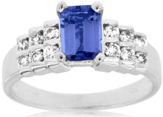1.3CT DIAMOND & AAA TANZANITE 14K WHITE GOLD EMERALD CUT & ROUND ENGAGEMENT RING