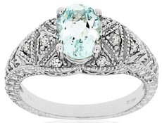 1.24CT DIAMOND & AAA AQUAMARINE 14KT WHITE GOLD 3D OVAL FILIGREE ENGAGEMENT RING