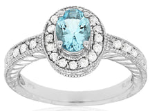 1.03CT DIAMOND & AAA AQUAMARINE 14K WHITE GOLD OVAL & ROUND HALO ENGAGEMENT RING