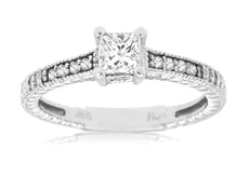 .56CT DIAMOND 14KT WHITE GOLD PRINCESS & ROUND FILIGREE MILGRAIN ENGAGEMENT RING