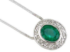 1.20CT DIAMOND & AAA EMERALD 14KT WHITE GOLD OVAL & ROUND HALO FLOATING PENDANT